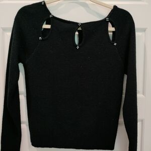 Vintage Elegant Black Crew Neck Sweater With Rhinestones